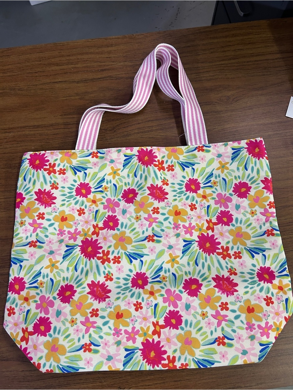 Pink Floral Canvas Tote Bag with Striped Handles